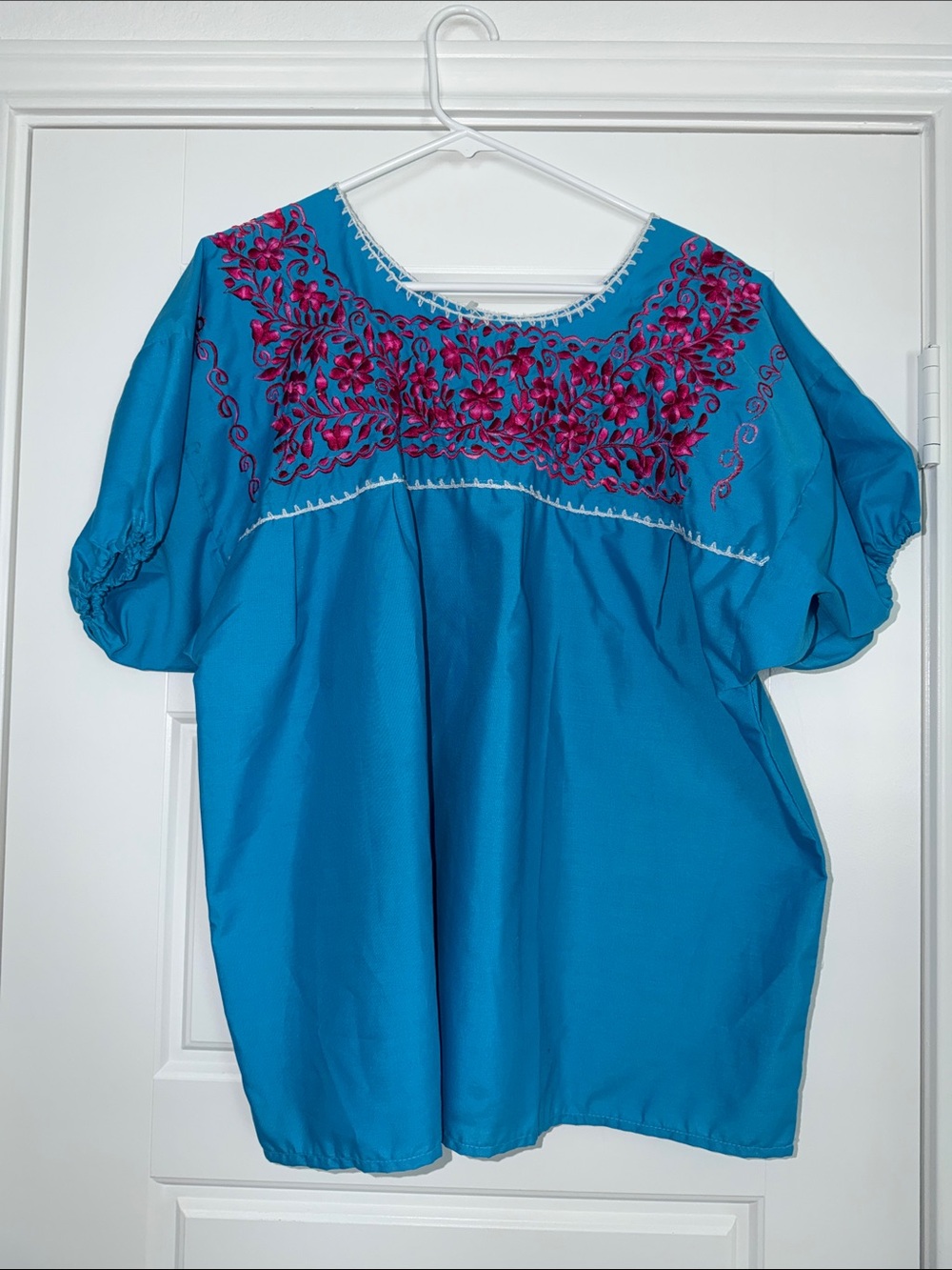 Embroidered Peasant Top in Teal with Pink Floral Detail